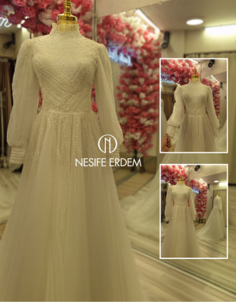 Kırık Beyaz Simli Yüksek Yaka Tesettür Gelinlik