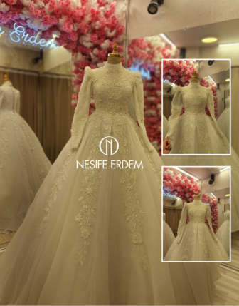 Zarif Taş İşlemeli Katlı Tesettür Gelinlik – Prenses Model